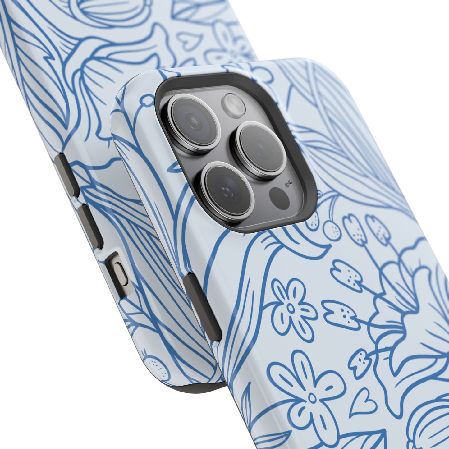 Dusty Blue Floral Line Art Tough MagSafe iPhone Case – Minimalist Botanical Design with Dual-Layer Protection