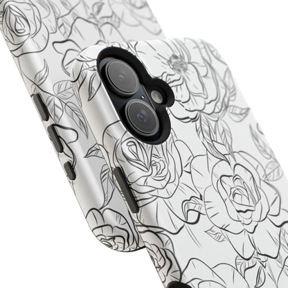 Monochrome Rose Garden Tough MagSafe iPhone Case – Elegant Floral Line Art with Dual-Layer Protection