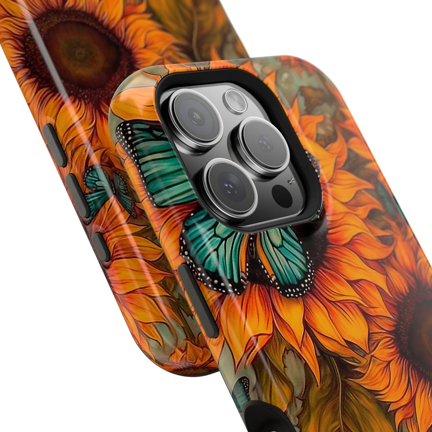 Vintage Blue Butterfly & Sunflower Art – MagSafe iPhone Case