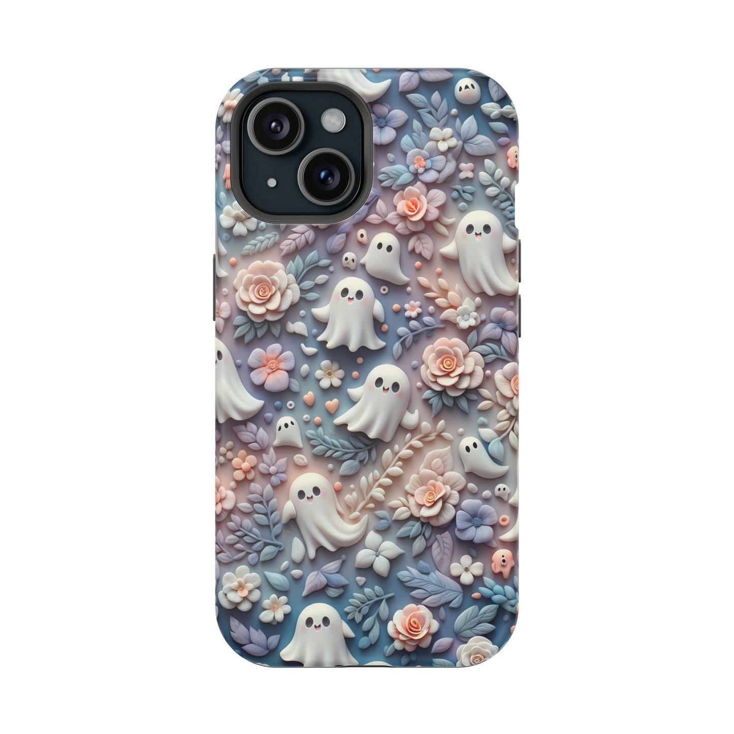 Cute MagSafe Ghosts Flowers Phone Case | Ethereal Clay Style | Autumn and Halloween Aesthetic | Tough Dual Layer Protection