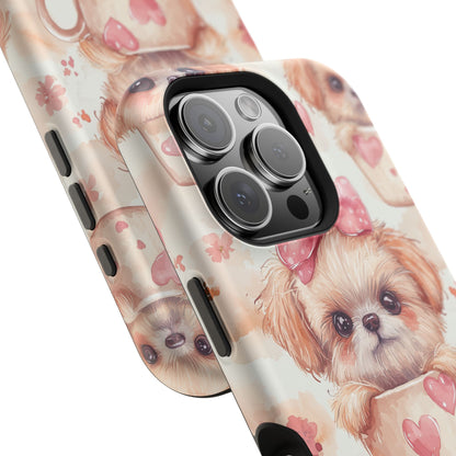 Adorable Puppy in Teacup MagSafe iPhone Case – Tough, Dual-Layer Protection with Cute Pink Bow Design