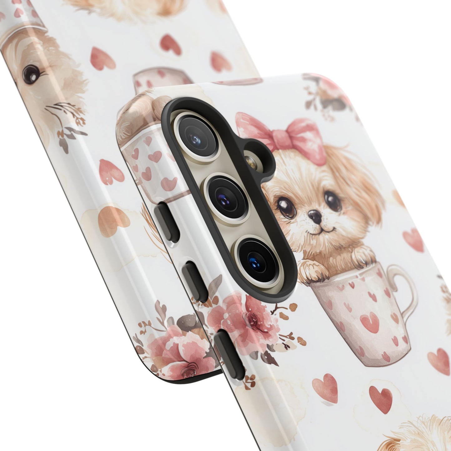 Cute Puppies in Heart Mugs Samsung Galaxy Case – Adorable Dog & Floral Design, Shockproof & Slim - BOGO Cases