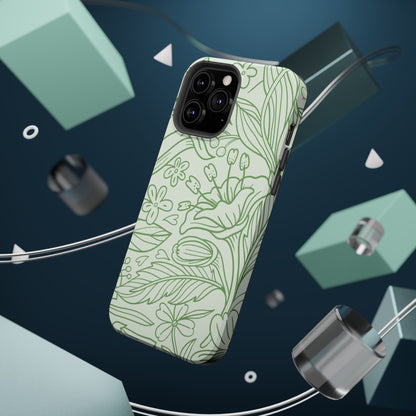 Sage Green Floral Line Art Tough MagSafe iPhone Case – Minimalist Botanical Design with Dual-Layer Protection