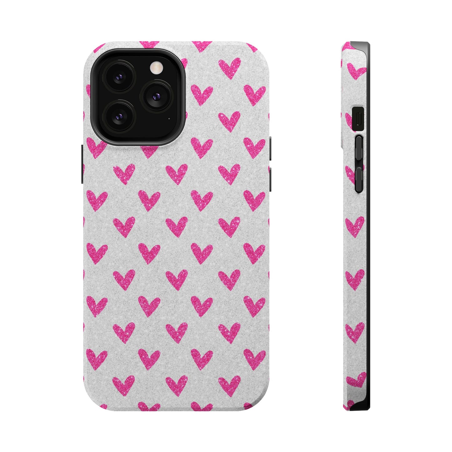 Pink Hearts on Glitter Silver – MagSafe iPhone Case