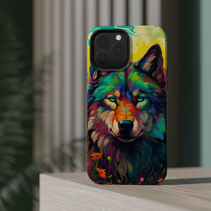 Rainbow Wolf in Bloom – MagSafe iPhone Case with Nature-Inspired Design