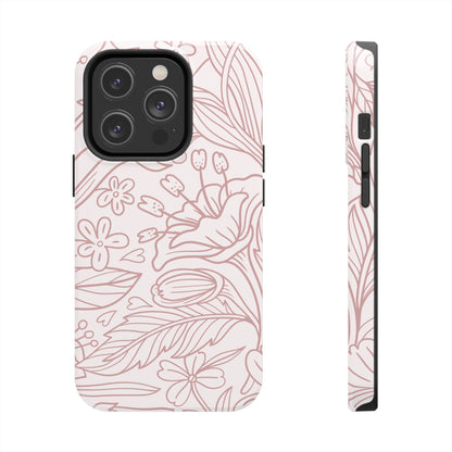 Blush Floral Line Art Tough iPhone Case – Delicate Minimalist Design with Dual-Layer Protection