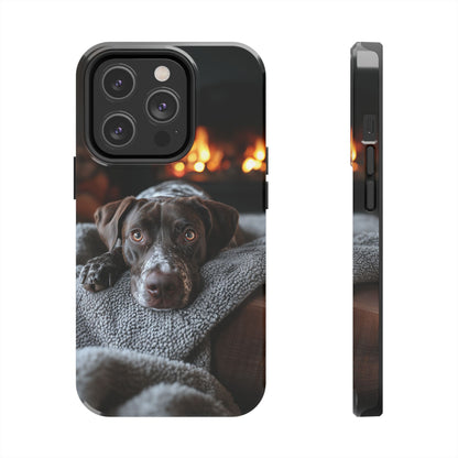 Cozy German Shorthaired Pointer iPhone Case – Rustic Fireplace Protective Cover