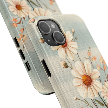 Vintage Plaid & Daisy Floral Tough iPhone Case – Dual-Layer Protection with Retro Flower Design