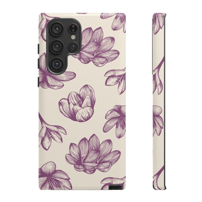 Vintage Botanical Floral Tough Samsung Galaxy Case – Hand - Drawn Purple Flowers, Shockproof Design - BOGO Cases