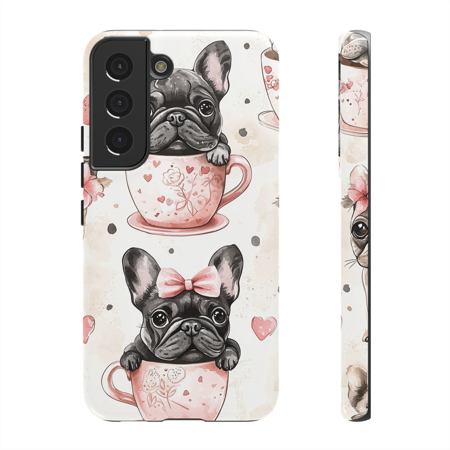 French Bulldogs in Teacups Samsung Galaxy Case – Cute Dog Design with Hearts & Bows, Shockproof & Slim