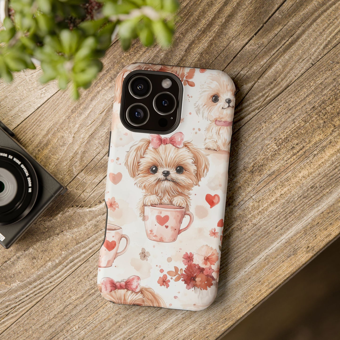 Puppies & Heart Mugs MagSafe iPhone Case – Sweet Dog & Floral Design, Shockproof & Slim