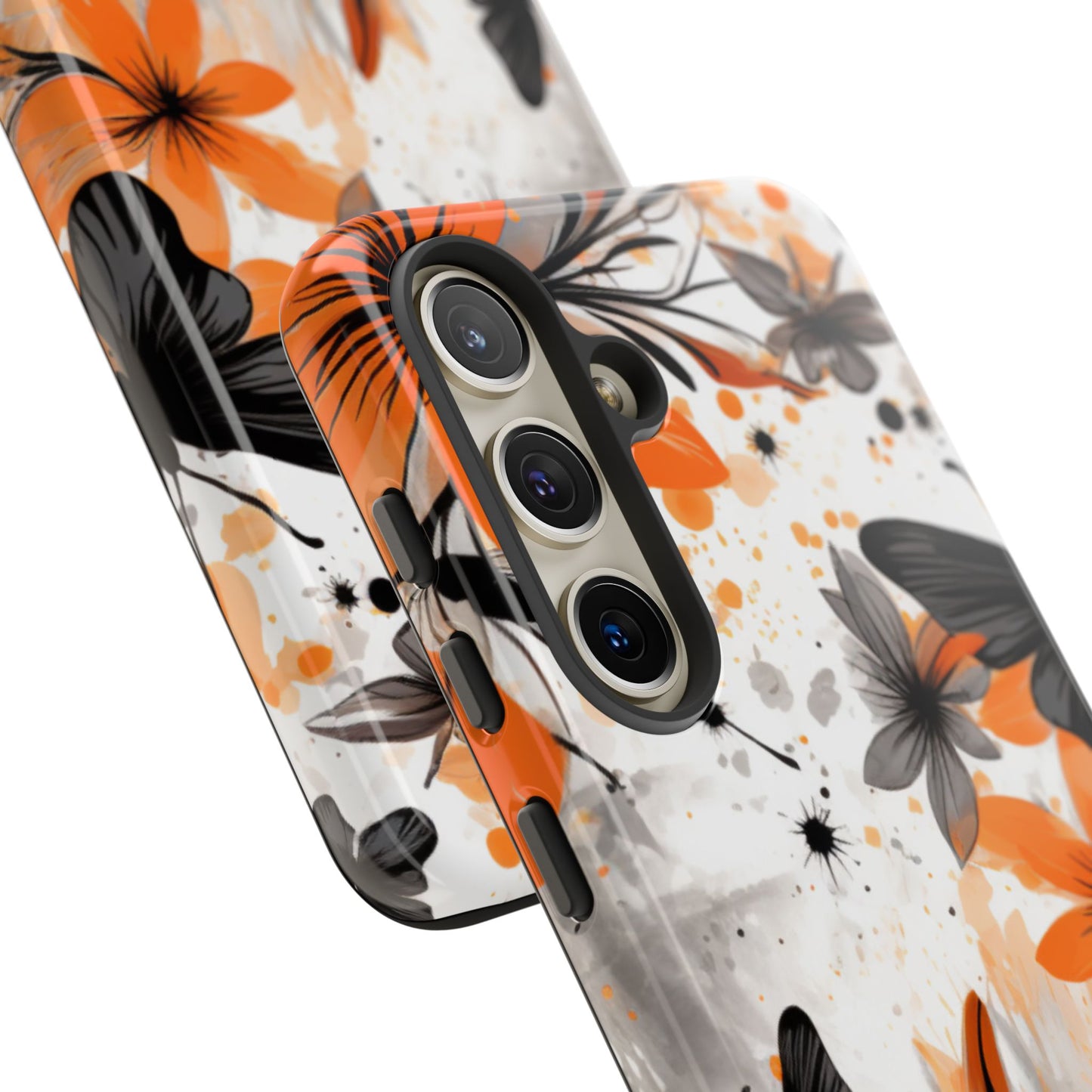 Orange Blossom & Black Butterfly Samsung Galaxy Case – Bold Floral Pattern with Modern Abstract Style