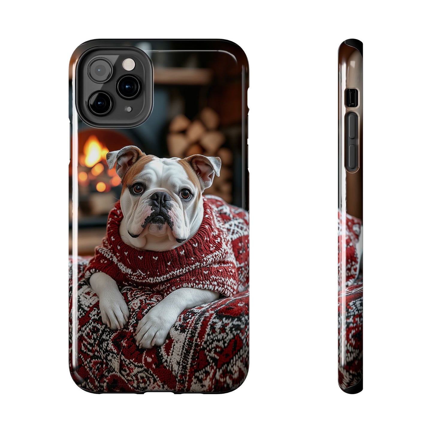 Cozy Bulldog in Sweater iPhone Case – Festive Fireplace Protective Cover