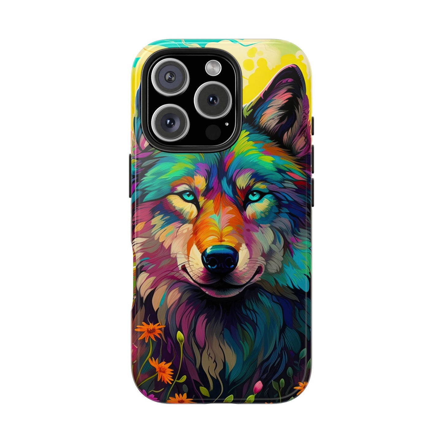 Rainbow Wolf in Bloom – iPhone Case with Vivid Nature Design