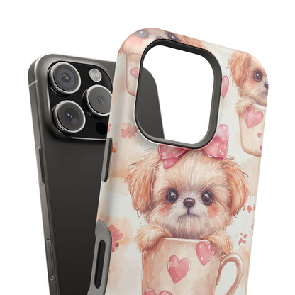 Adorable Puppy in Teacup MagSafe iPhone Case – Tough, Dual-Layer Protection with Cute Pink Bow Design