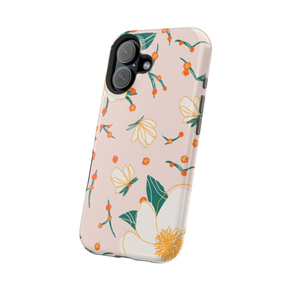 Elegant Magnolia Blossom Tough MagSafe iPhone Case – Soft Blush Background, Shock-Resistant Design