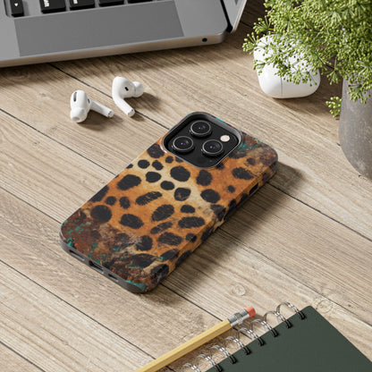 Rustic Leopard Print Tough iPhone Case – Distressed Turquoise and Animal Pattern with Dual-Layer Protection