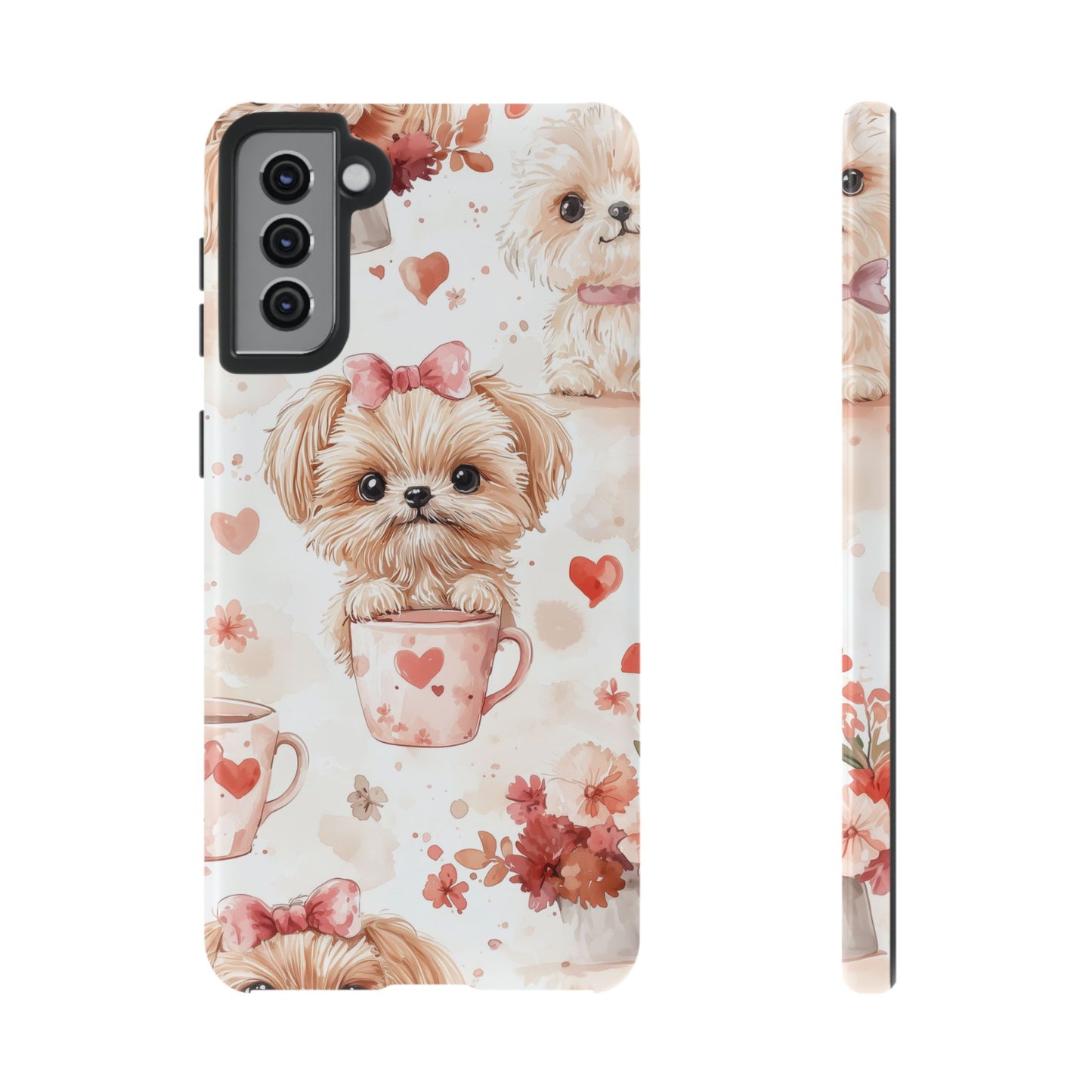 Puppies & Heart Mugs Samsung Galaxy Case – Sweet Dog & Floral Design, Shockproof & Slim