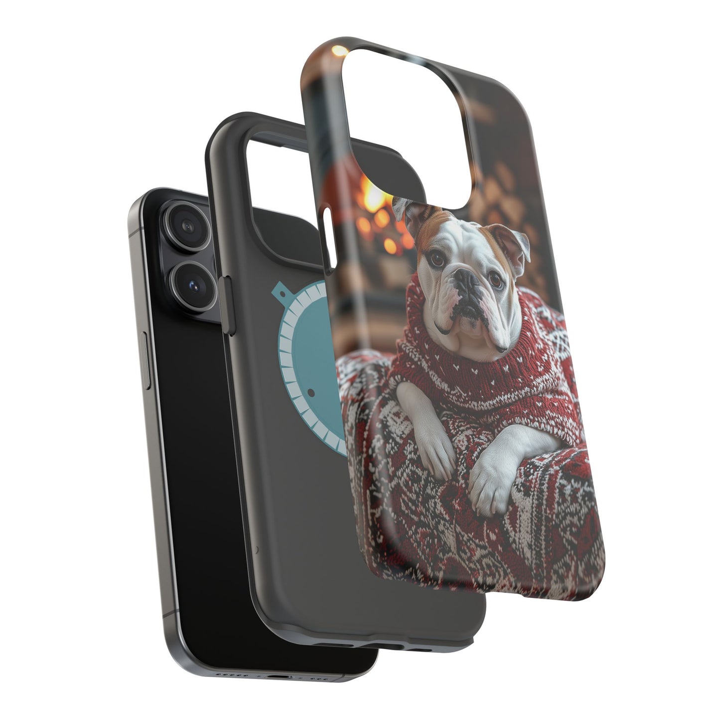 Cozy Bulldog in Sweater MagSafe iPhone Case – Festive Fireplace Protective Cover