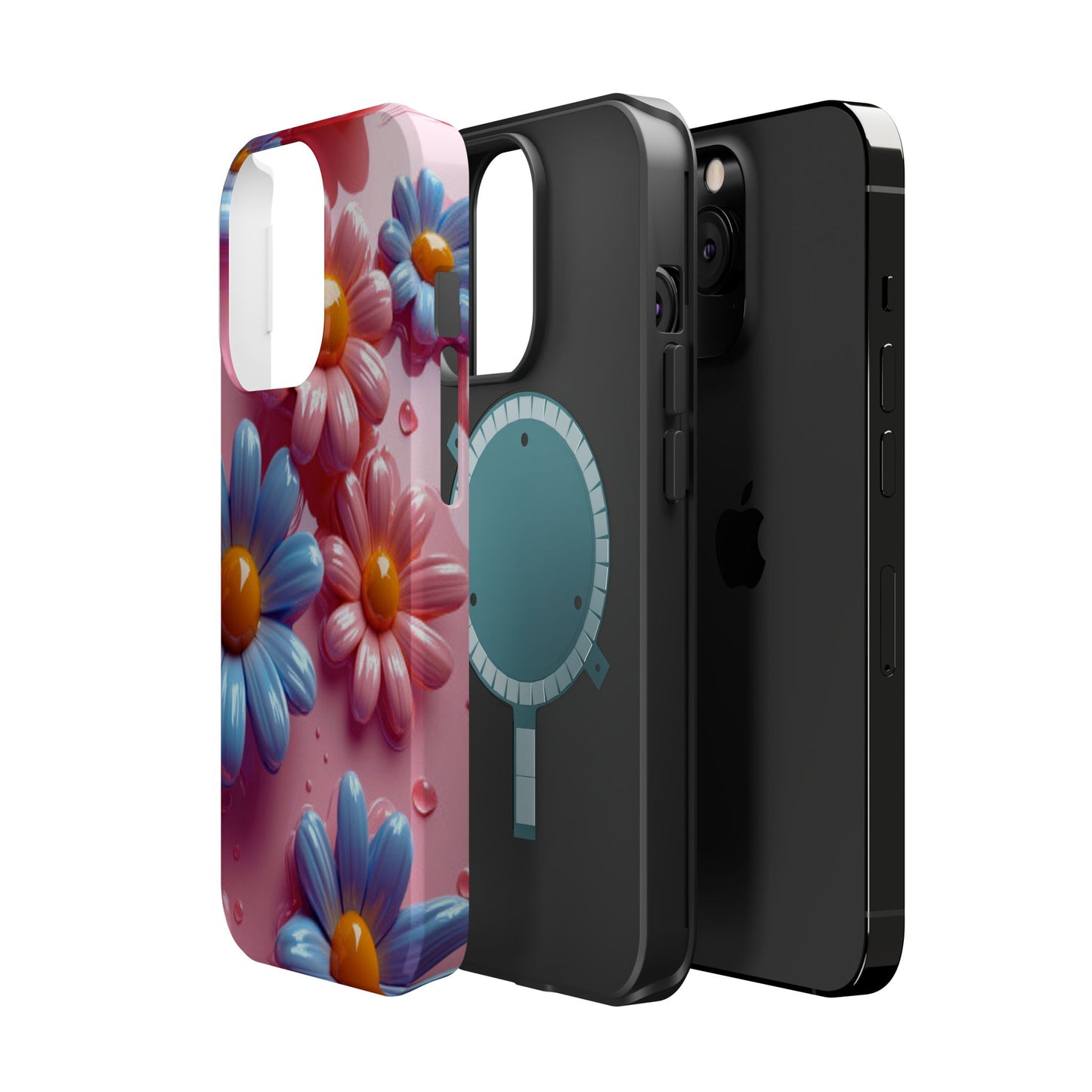 Pastel Daisy 3D MagSafe iPhone Case – Glossy Pink and Blue Floral Design, Full Protection