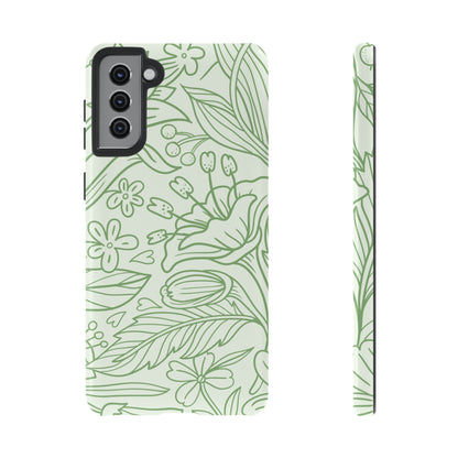 Sage Green Floral Line Art Tough Samsung Galaxy Case – Minimalist Botanical Design with Dual-Layer Protection