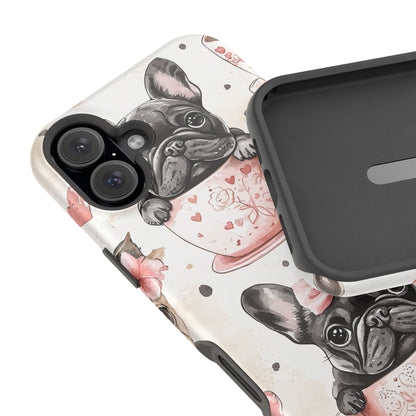 French Bulldogs in Teacups MagSafe iPhone Case – Cute Dog Design with Hearts & Bows, Shockproof & Slim