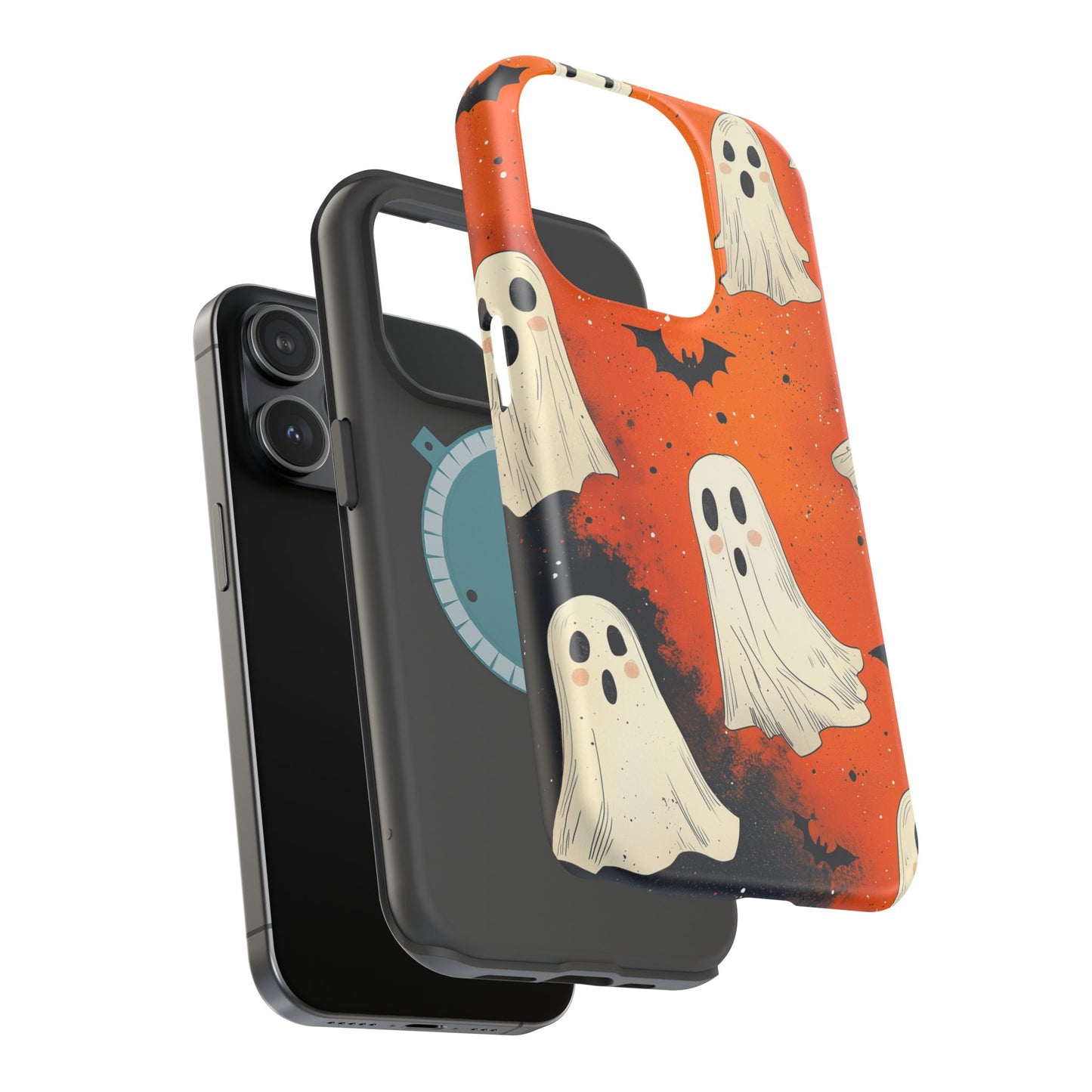 Spooky Ghosts & Bats  MagSafe iPhone Case – Vibrant Orange Halloween Design