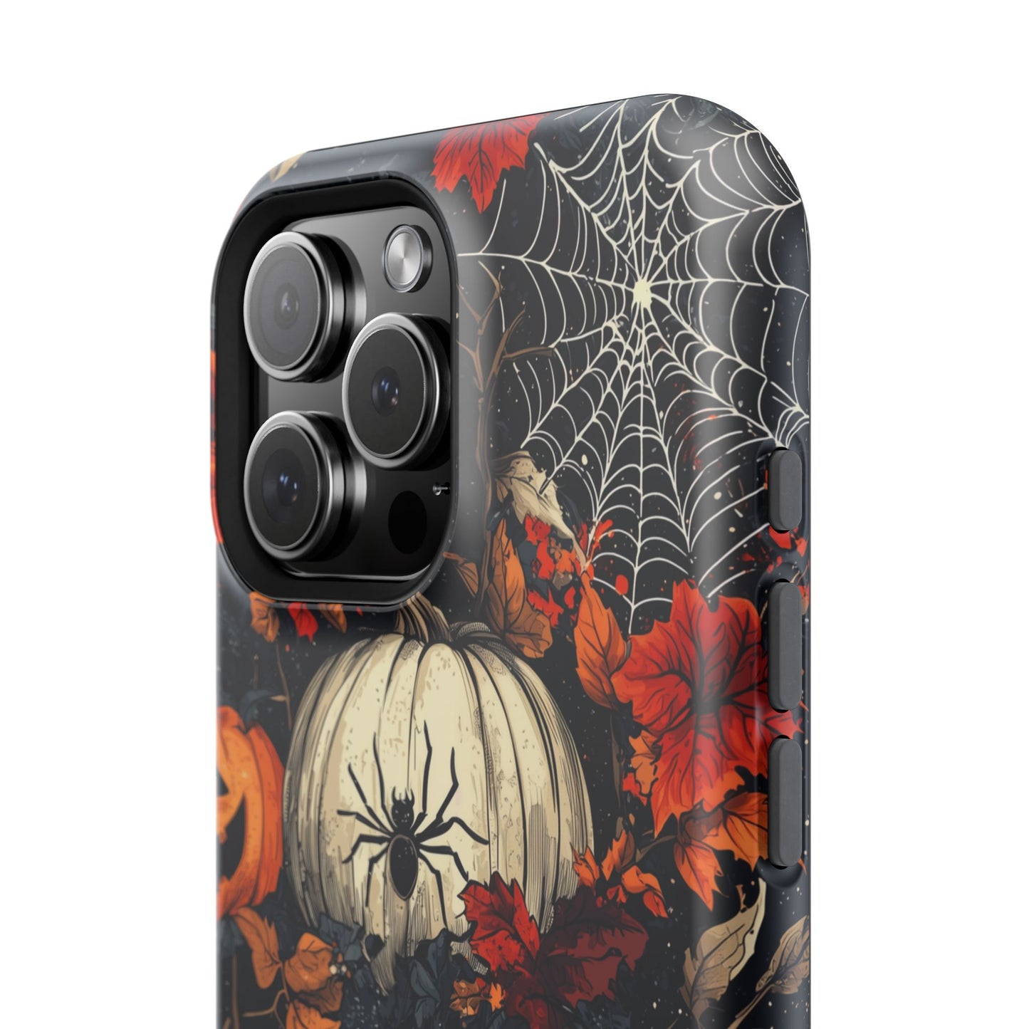 Hauntingly Elegant Halloween MagSafe iPhone Case – Pumpkins, Spiders, and Autumn Leaves Design