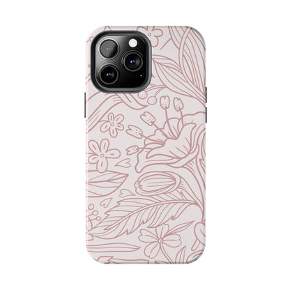 Blush Floral Line Art Tough iPhone Case – Delicate Minimalist Design with Dual-Layer Protection