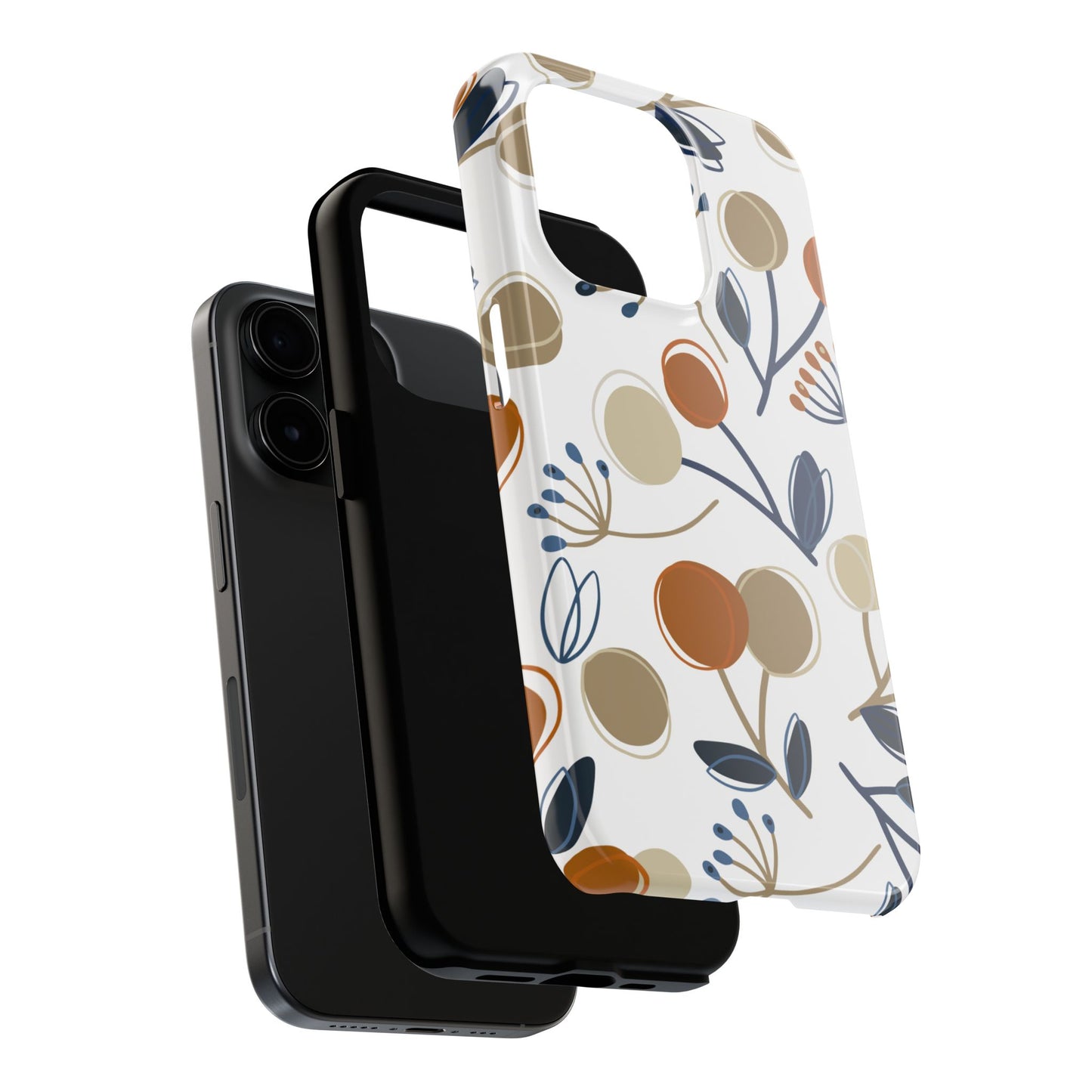 Modern Botanical Berries Tough iPhone Case – Earthy Tones & Navy Accents, Shock-Resistant