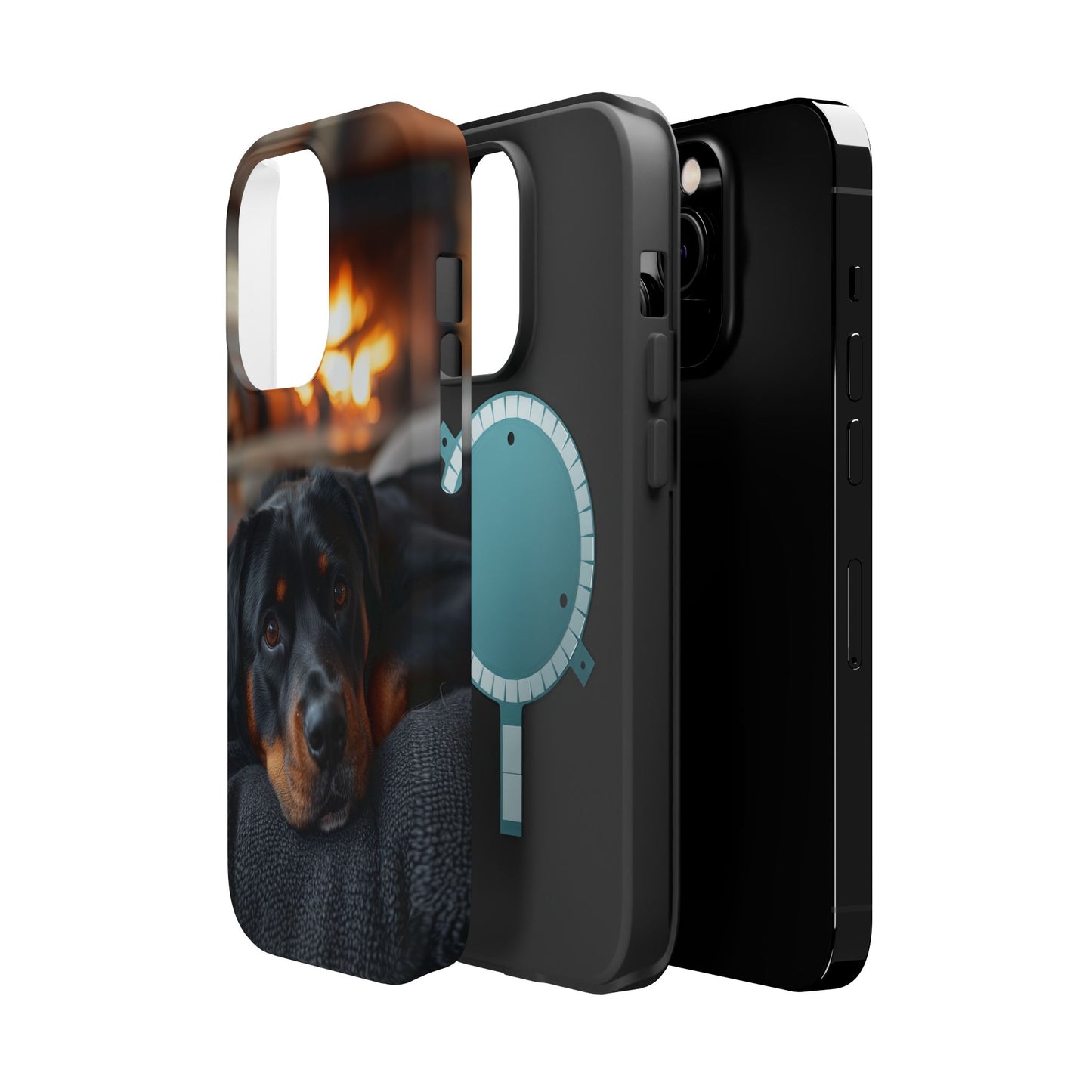 Charming Rottweiler by the Fireplace MagSafe iPhone Case – Cozy & Functional Design