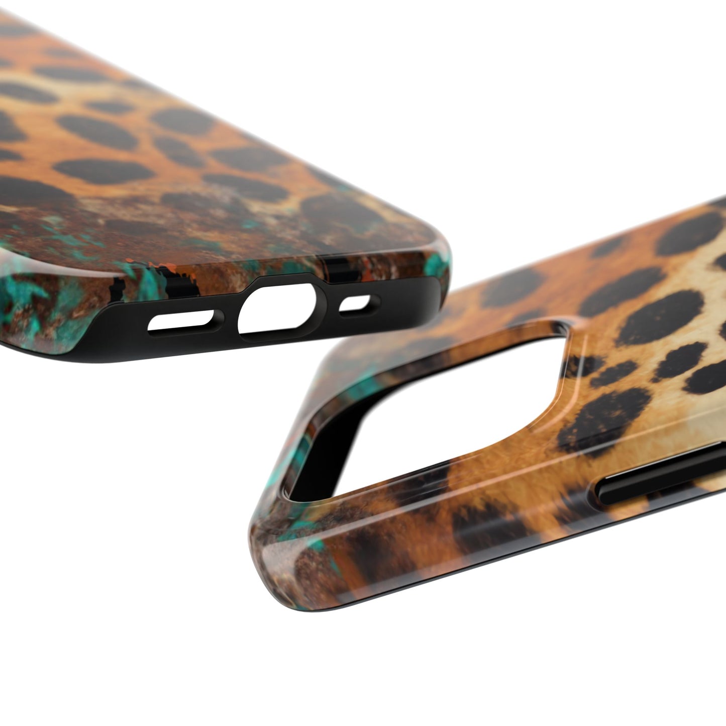 Rustic Leopard Print Tough iPhone Case – Distressed Turquoise and Animal Pattern with Dual-Layer Protection