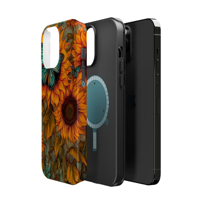 Vintage Blue Butterfly & Sunflower Art – MagSafe iPhone Case