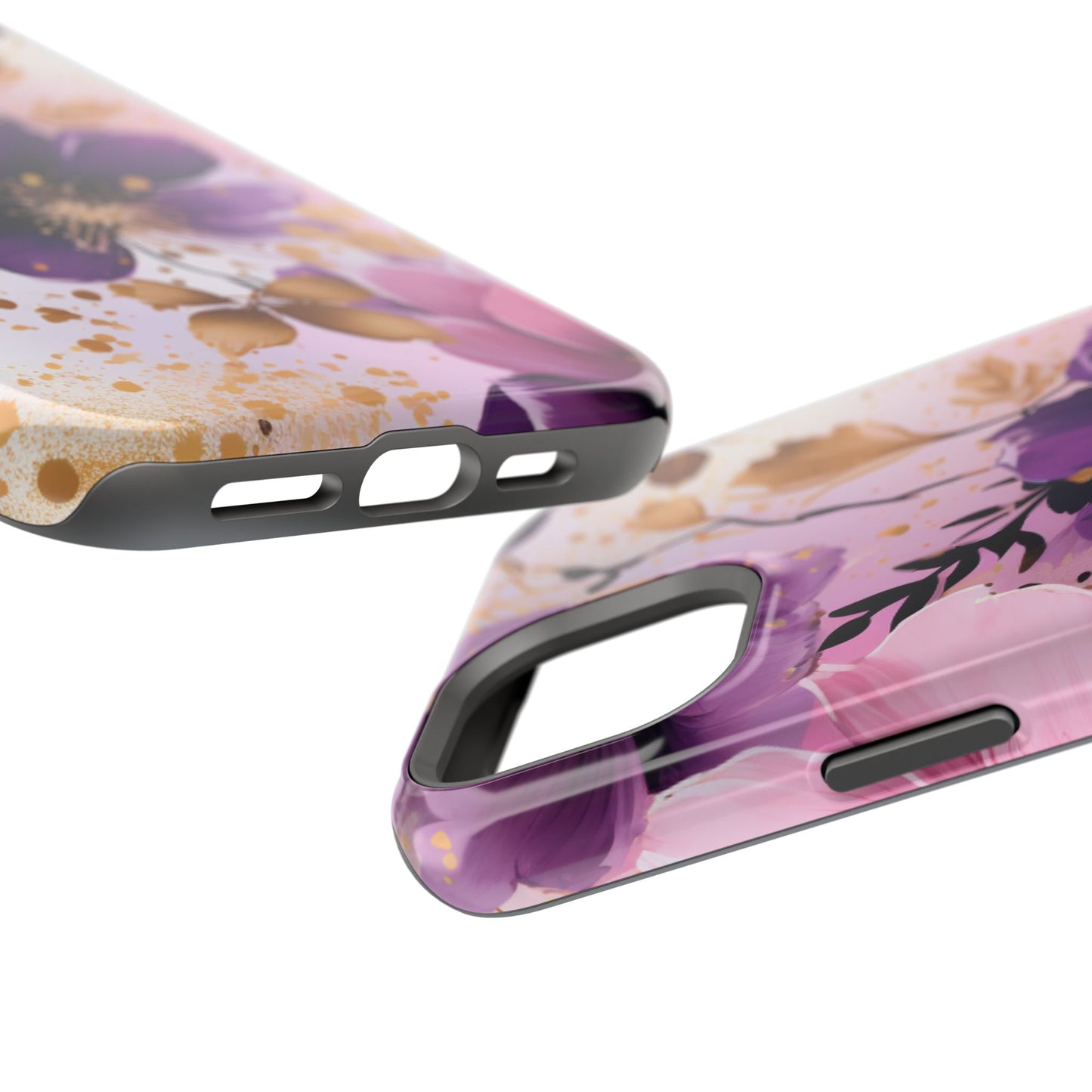 Elegant Purple & Gold Floral MagSafe iPhone Case - Luxe Flower Design