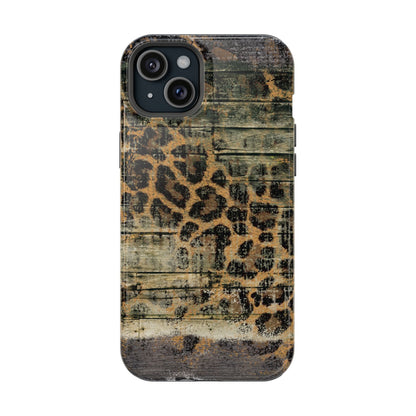 Rustic Wood and Leopard Print Tough MagSafe iPhone Case – Distressed Western Design with Dual-Layer Protection