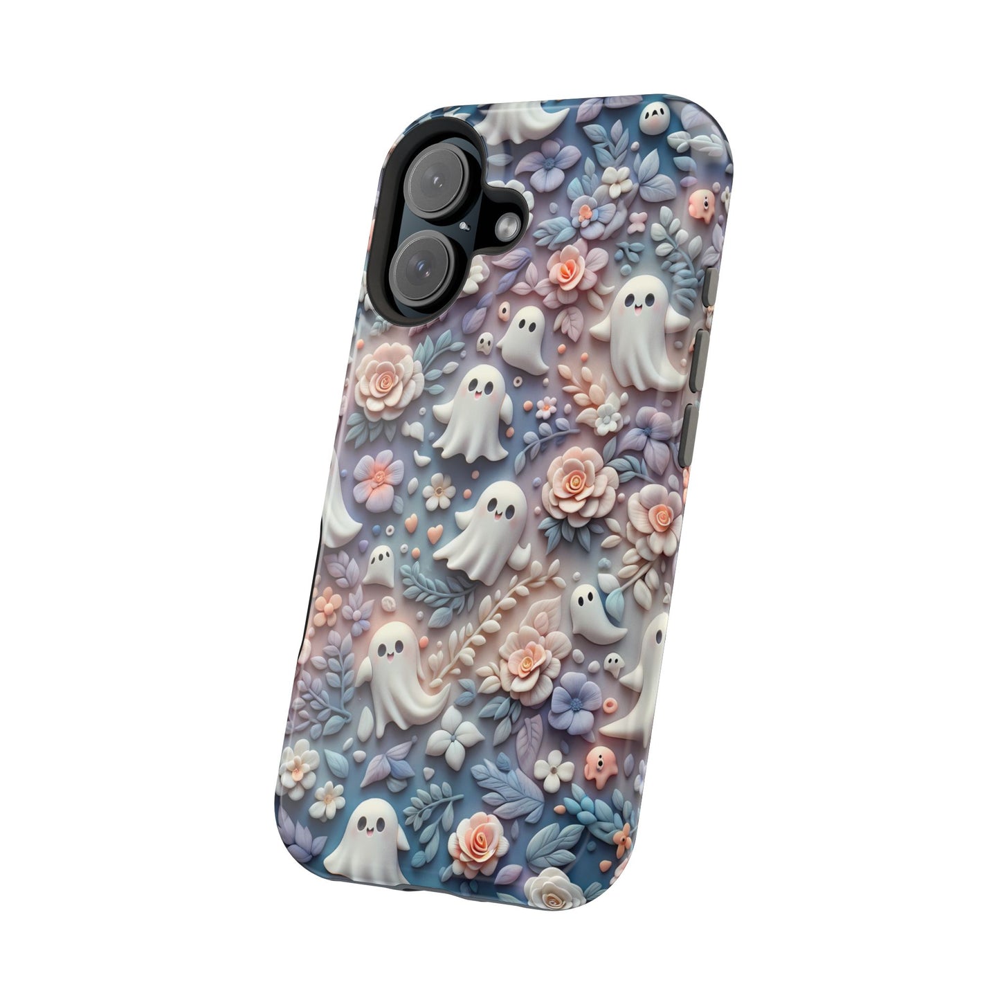 Cute MagSafe Ghosts Flowers Phone Case | Ethereal Clay Style | Autumn and Halloween Aesthetic | Tough Dual Layer Protection