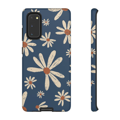 Vintage Daisies Samsung Galaxy Case – Navy Blue Floral Design, Scratch-Resistant with Shock-Absorbing Bumper