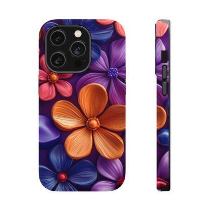 Bold Floral 3D MagSafe iPhone Case – Vivid Purple and Orange Flower Design, Shock-Resistant