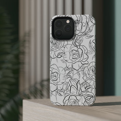 Monochrome Rose Garden Tough MagSafe iPhone Case – Elegant Floral Line Art with Dual-Layer Protection