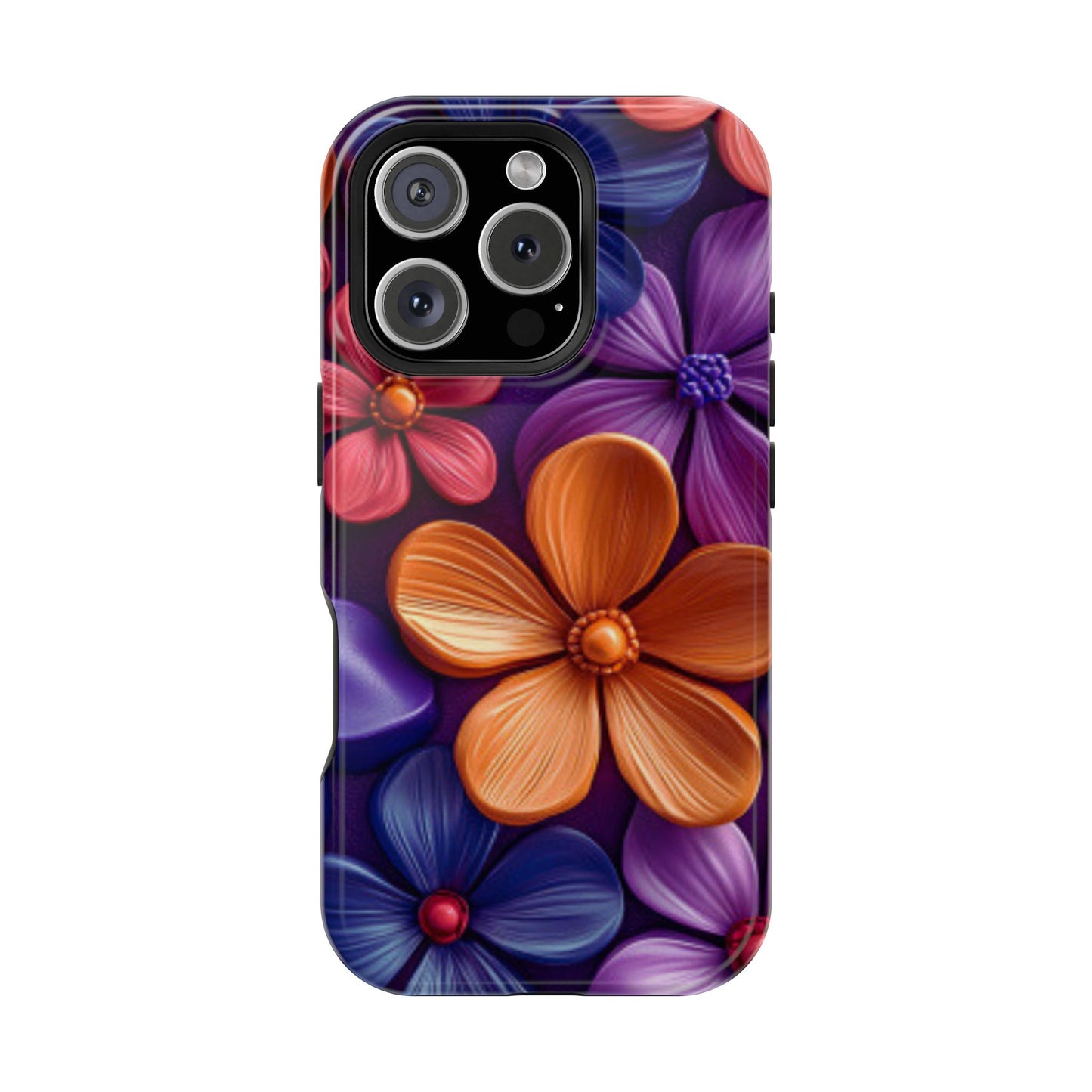 Bold Floral 3D MagSafe iPhone Case – Vivid Purple and Orange Flower Design, Shock-Resistant