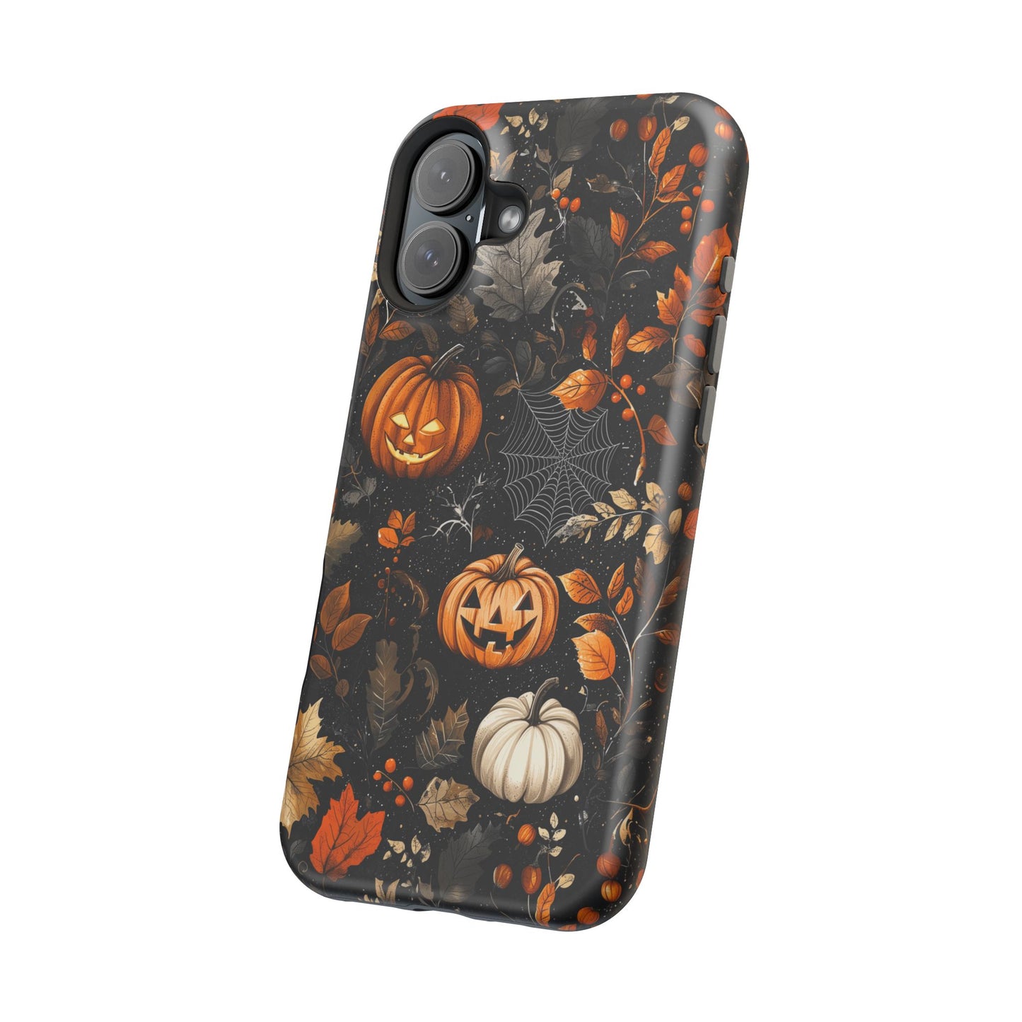 Elegant Halloween MagSafe iPhone Case – Pumpkin Jack-o'-Lanterns, Cobwebs & Autumn Foliage Design