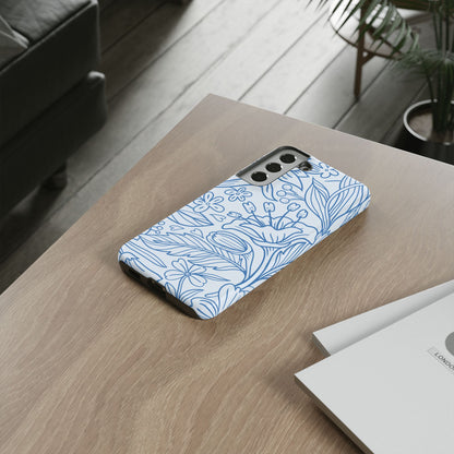 Dusty Blue Floral Line Art Tough Samsung Galaxy Case – Minimalist Botanical Design with Dual-Layer Protection