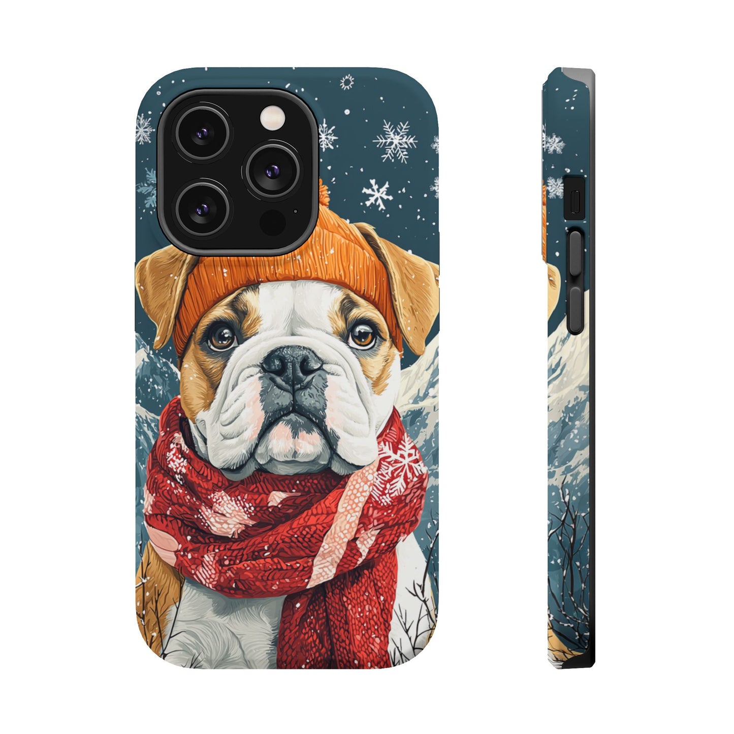 Cozy French Bulldog MagSafe iPhone Case – Rustic Fireplace Protective Cover