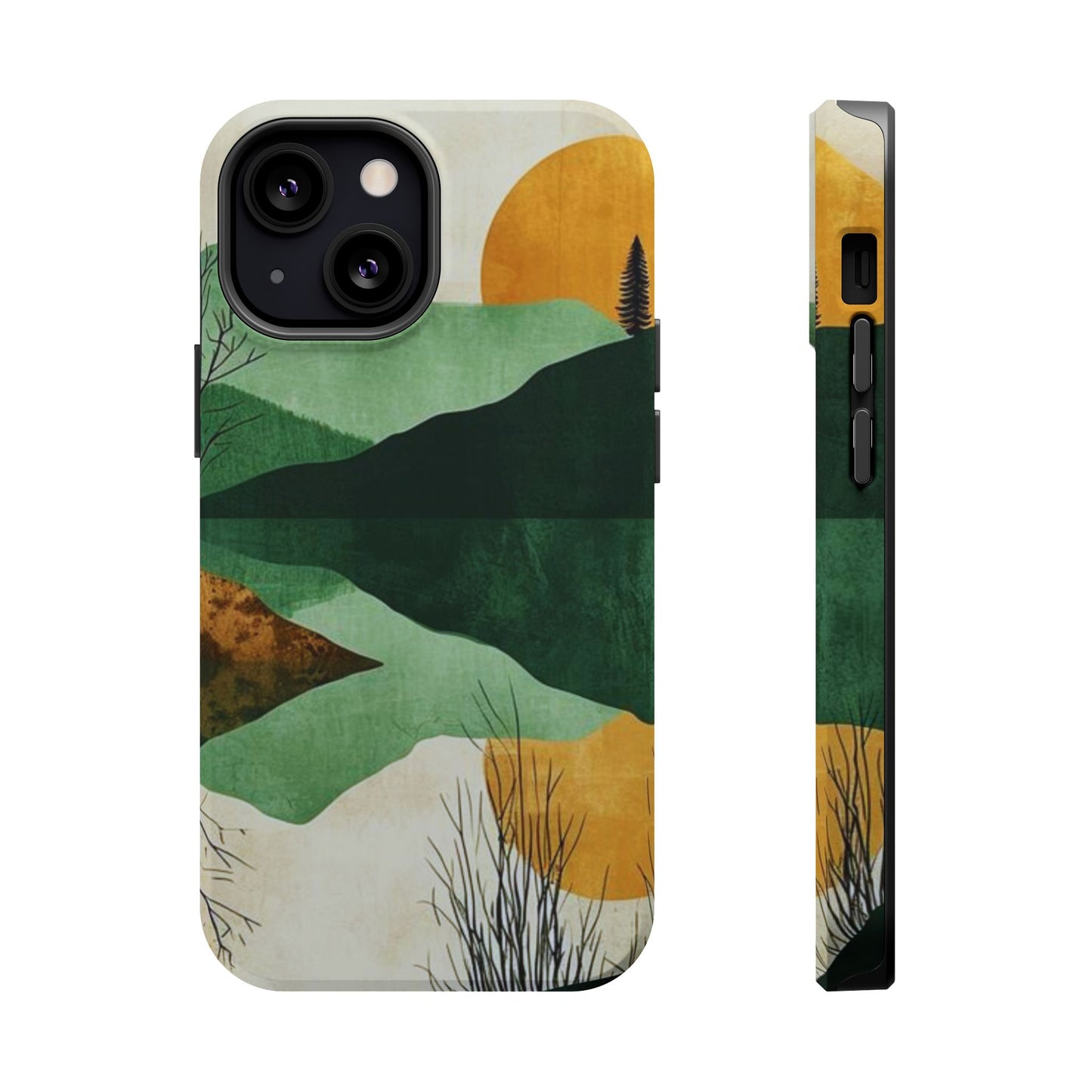 Retro Mountain Sunrise MagSafe iPhone Case – Minimalist Landscape Design, Dual-Layer Protection