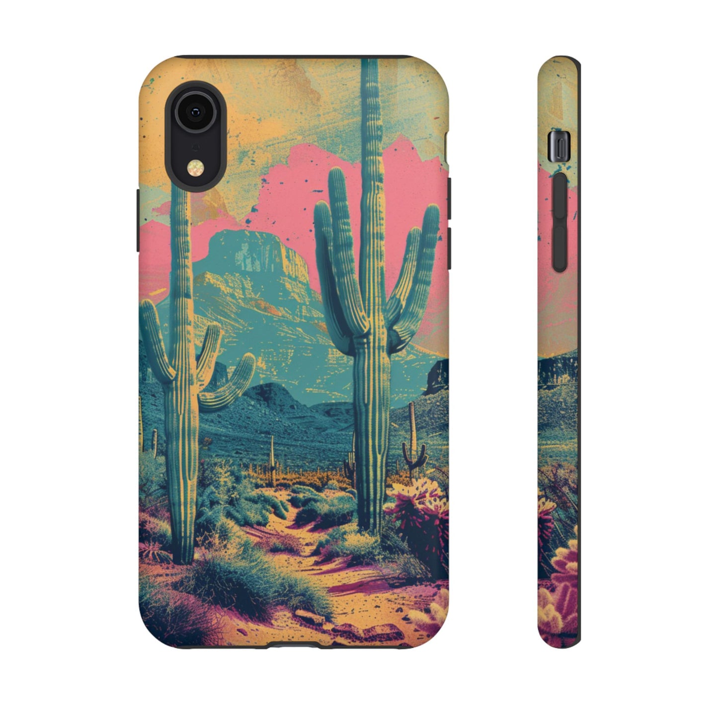 Desert Oasis Retro Cactus Phone Case - Vibrant Sunset Landscape for iPhone 15/14/13/12, Samsung S24/S23/S22/S21, & Google Pixel