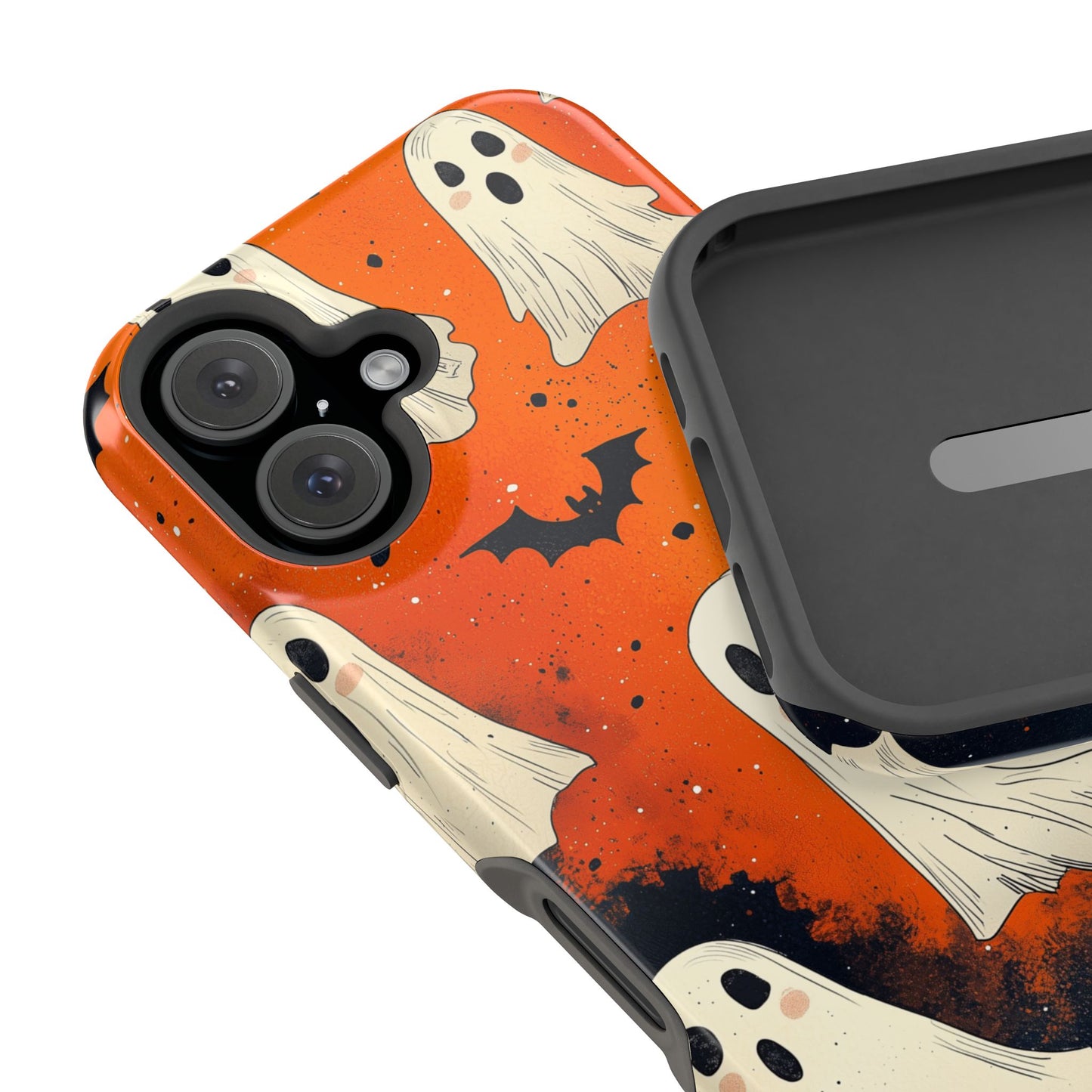 Spooky Ghosts & Bats  MagSafe iPhone Case – Vibrant Orange Halloween Design