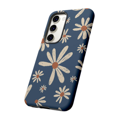 Vintage Daisies Samsung Galaxy Case – Navy Blue Floral Design, Scratch-Resistant with Shock-Absorbing Bumper