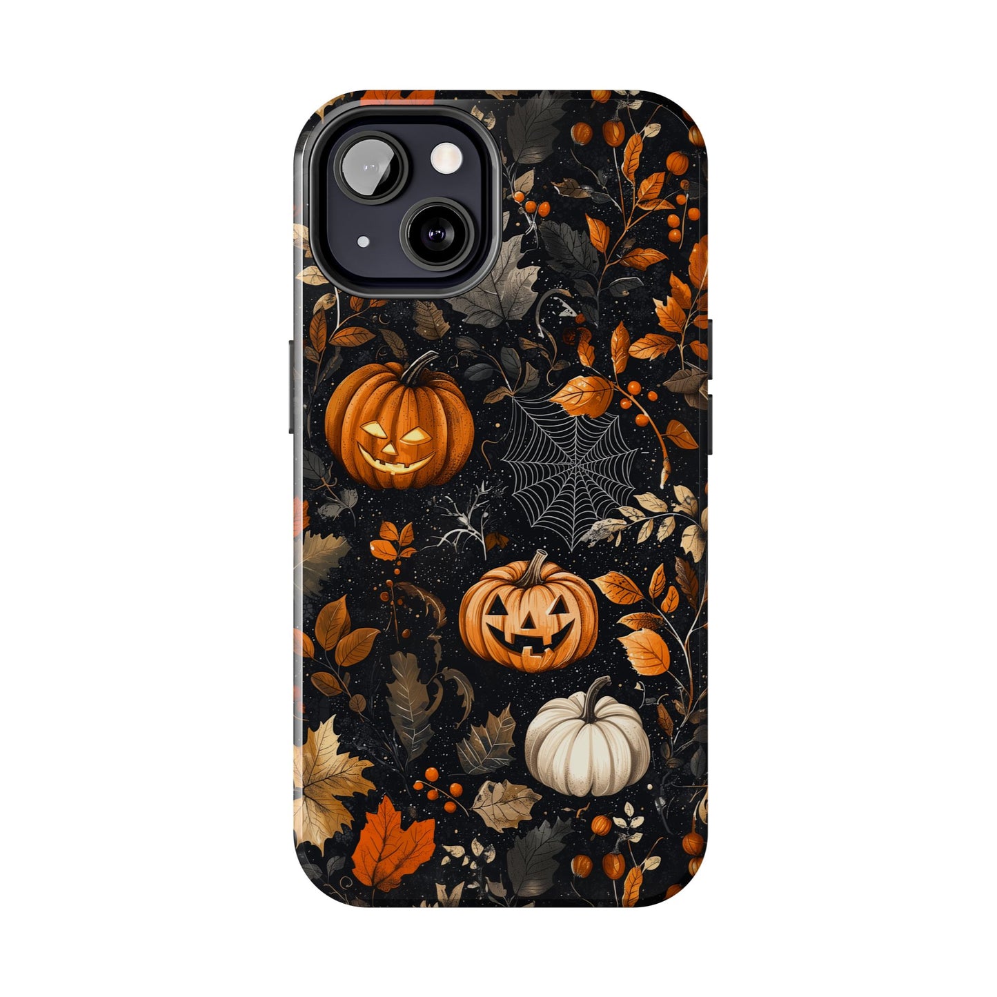 Elegant Halloween iPhone Case – Pumpkin Jack-o'-Lanterns, Cobwebs & Autumn Foliage Design