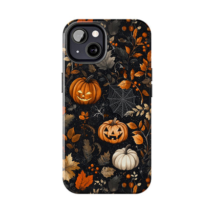 Elegant Halloween iPhone Case – Pumpkin Jack-o'-Lanterns, Cobwebs & Autumn Foliage Design