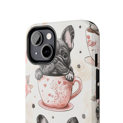 French Bulldogs in Teacups iPhone Case – Cute Dog Design with Hearts & Bows, Shockproof & Slim - BOGO Cases